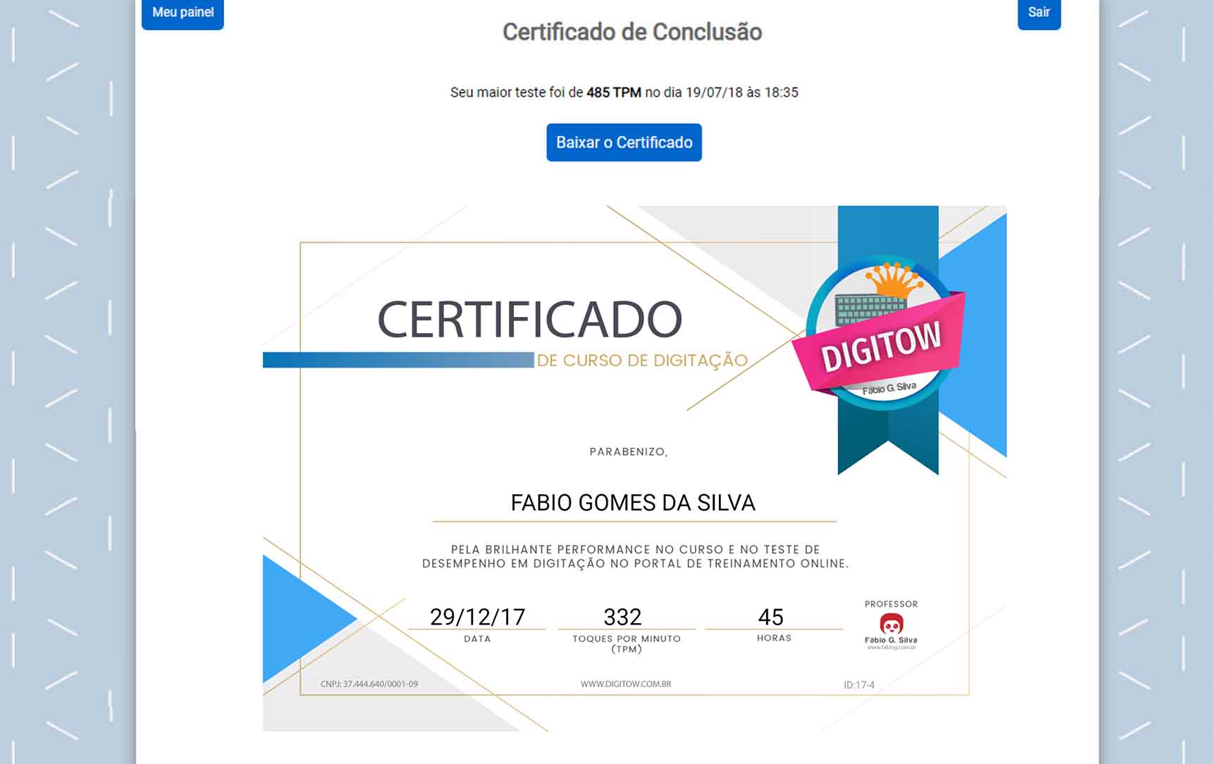 Certifcado de digitação e desempenho